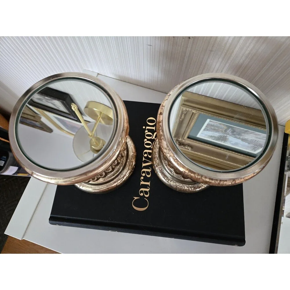 Set of 2 Gold Candle Holder Pedestals with Mirror Inserts by Valerie Parr Hill